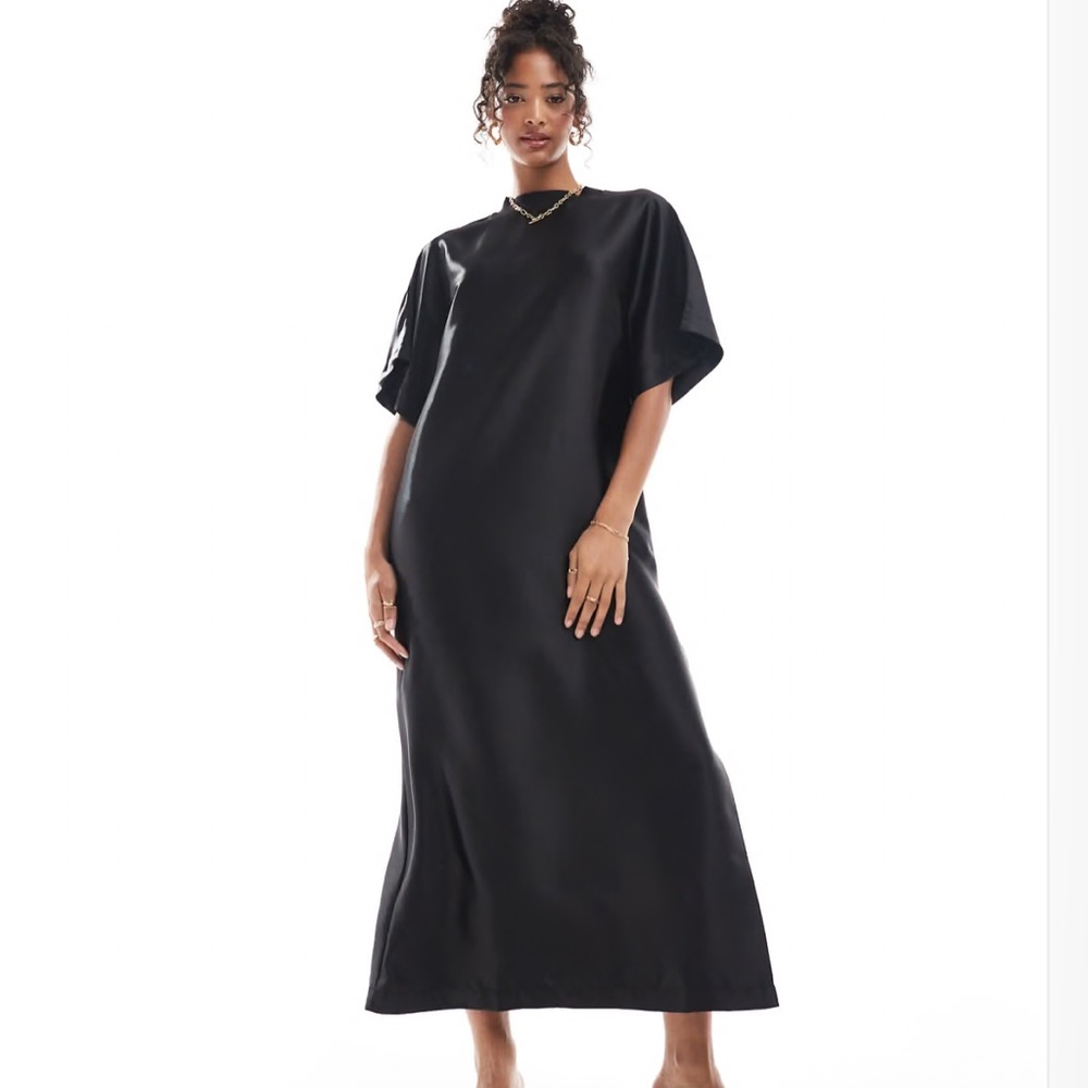 ASOS Satin Midi Oversized T-Shirt Dress in Black -US 6